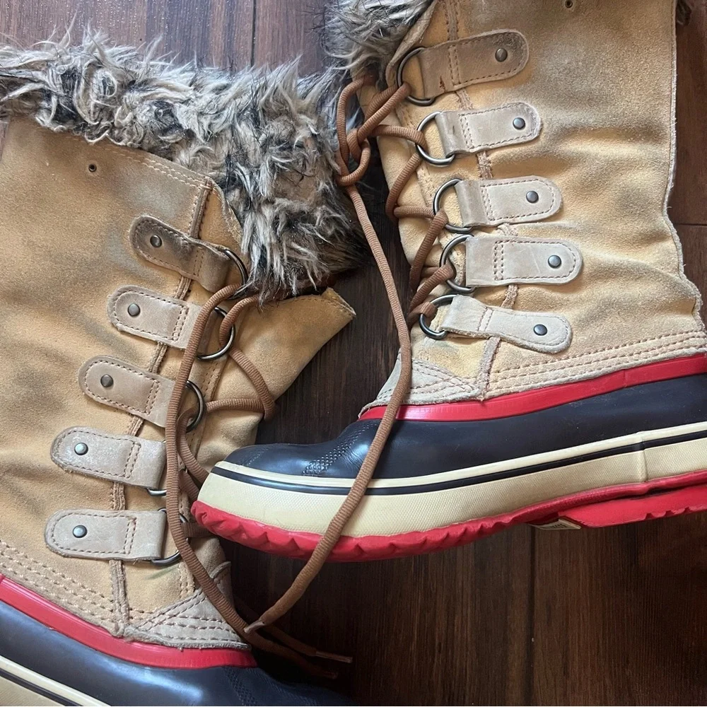 Sorel Waterproof Winter Boots Faux Fur Tan Red Sole Women Size 6 / EU 37 - Picture 2 of 7